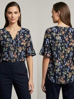 Ann Taylor Navy Floral Split V-Neck Ruffle Sleeve Blouse Size M